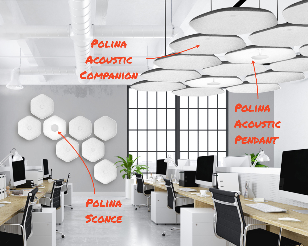 Application image calling out the use of Polina in a ceiling cloud solution and on the wall