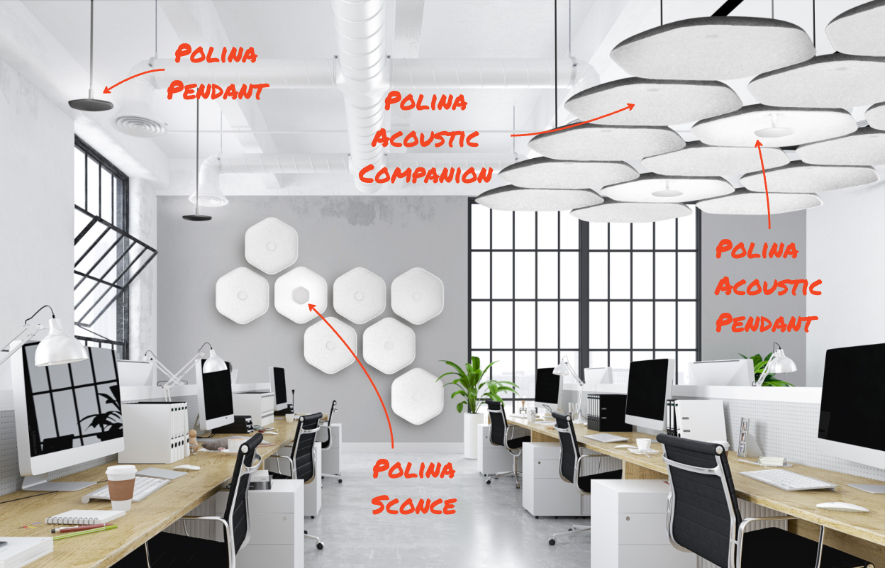 Application image calling out the use of Polina in a ceiling cloud, as an ambient pendant and on the wall